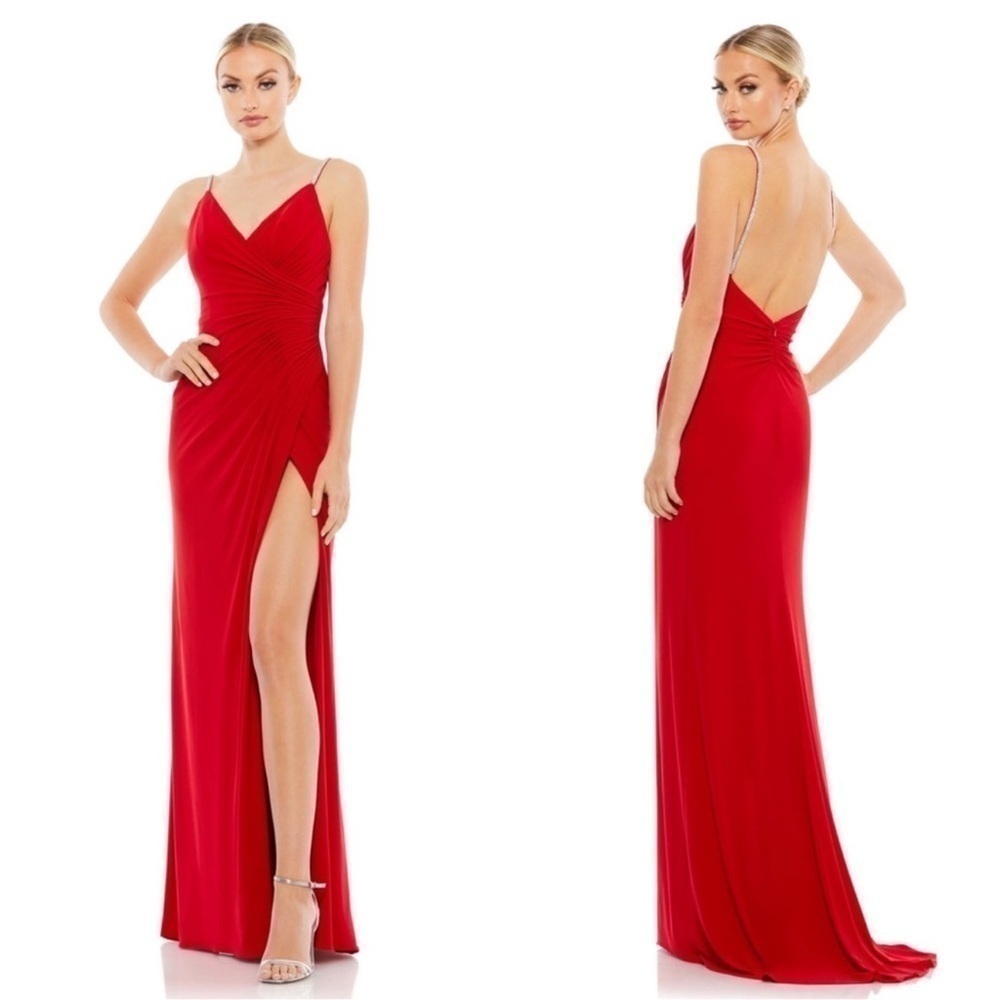 NEW Ieena For Mac Duggal Crystal Strap Ruched Jersey Gown In Red size 8